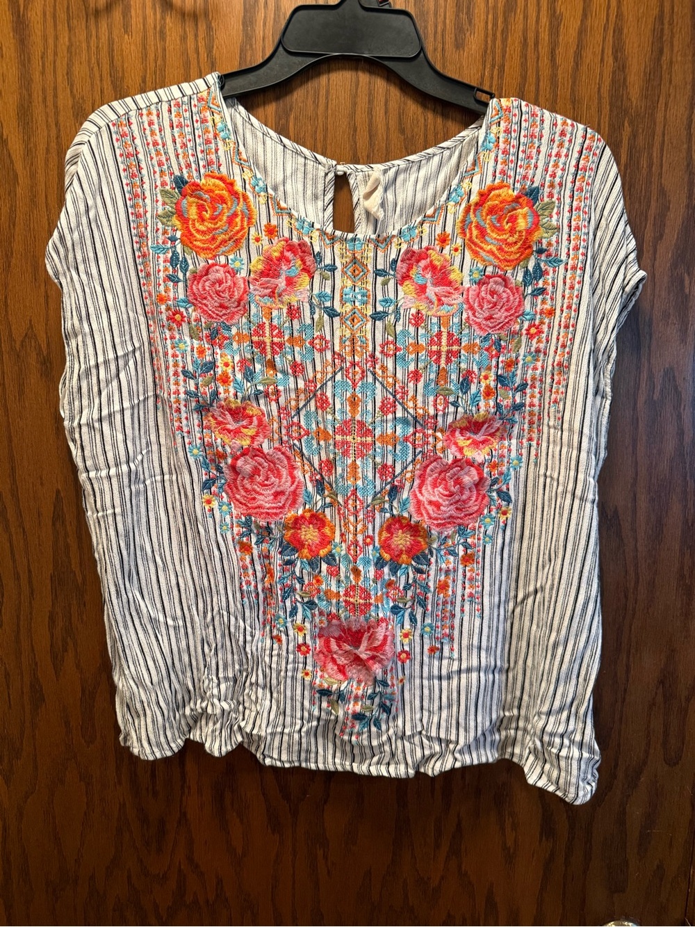 Embroidered Black & White Striped Women’s Top w/ Floral Embroidery